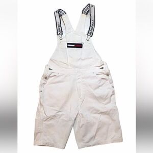 Vintage Tommy Hilfiger Women's White Denim Shorts Overalls With Branded Straps